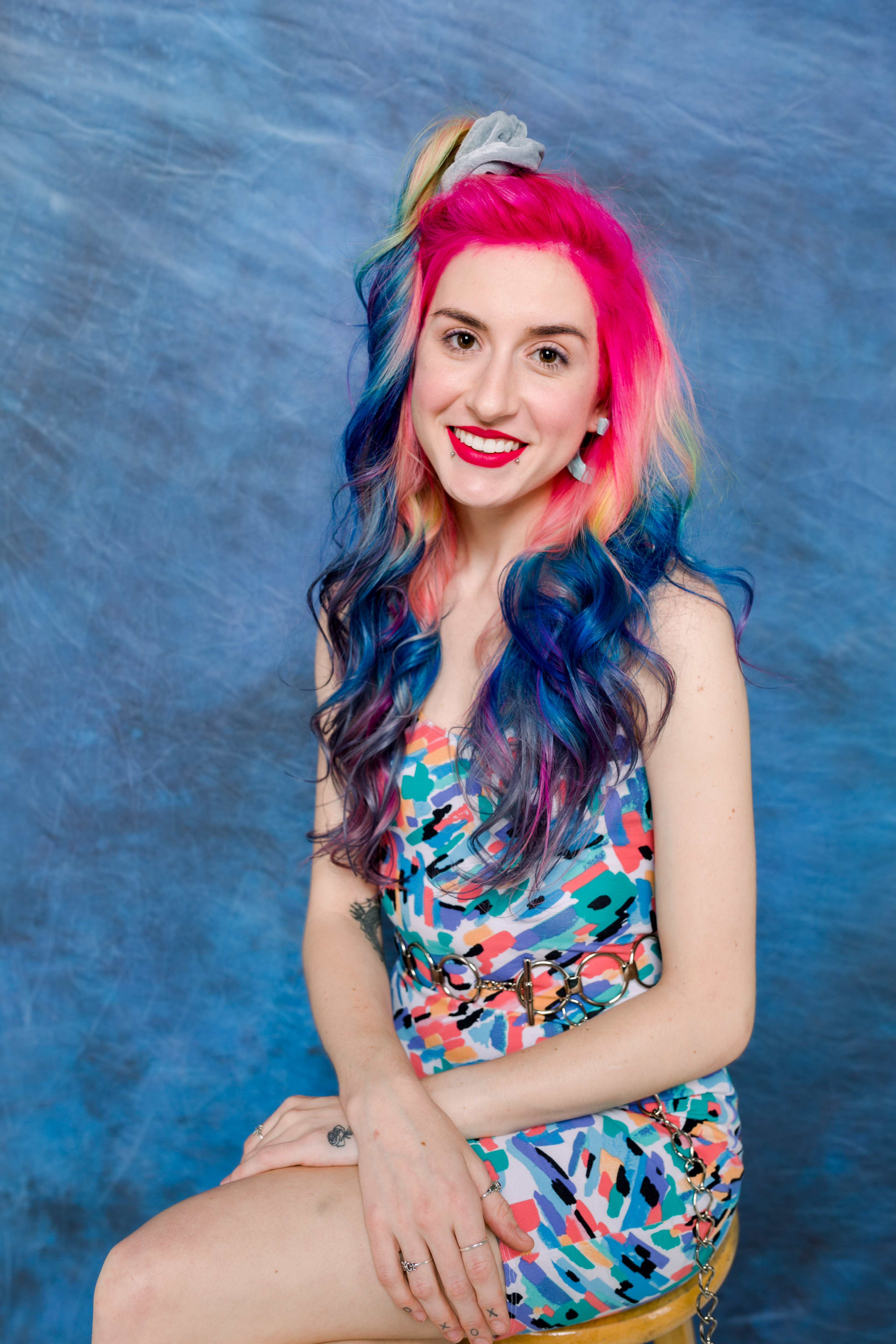 Saved By the Bell 90s inspired photoshoot with rainbow haired model portraying Kelly Kapowskisin Alpharetta GA by Jill Blue Photography and Glitter and Geeks Salon