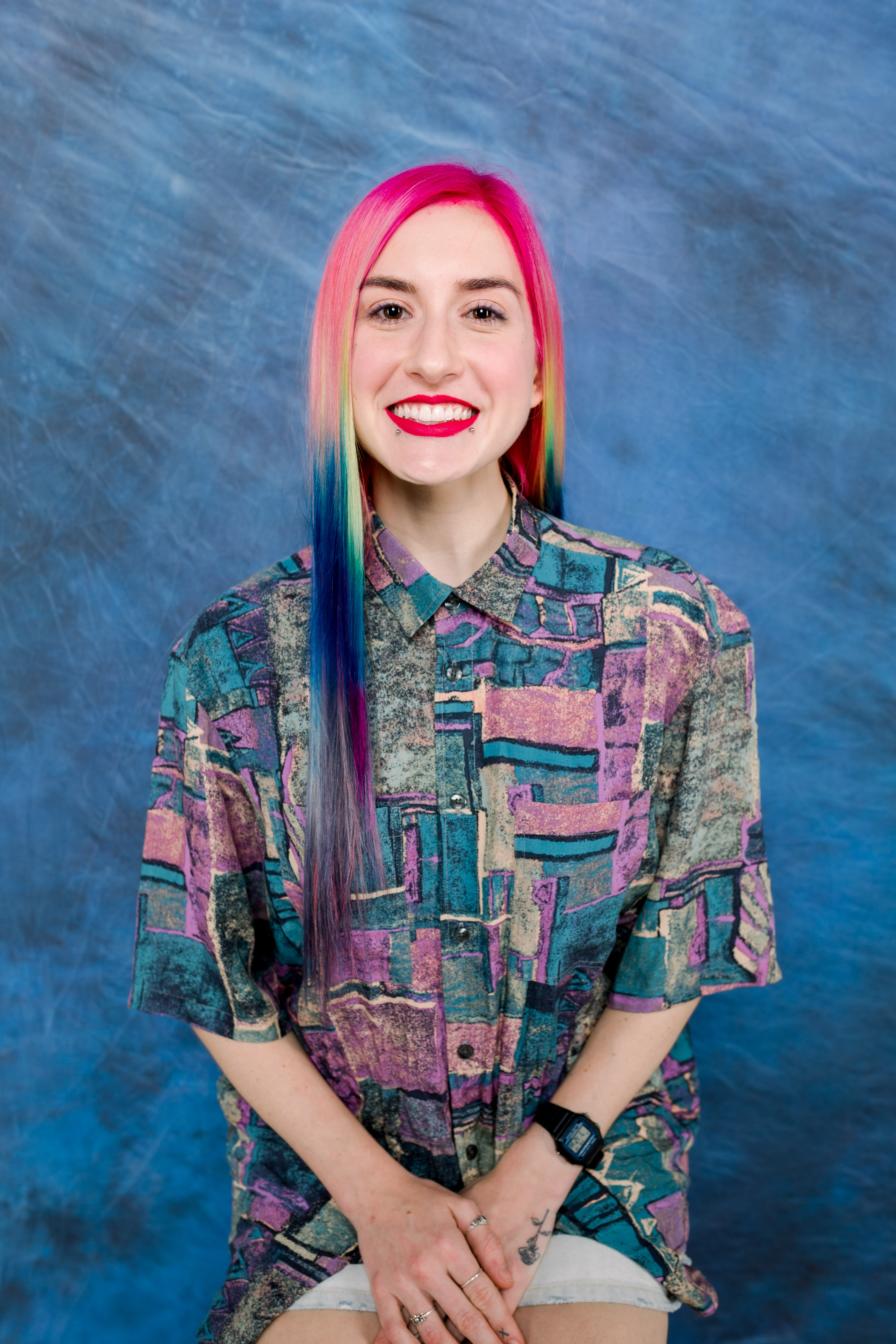 Saved By the Bell 90s inspired photoshoot with rainbow haired model portraying Screech in Alpharetta GA by Jill Blue Photography and Glitter and Geeks Salon