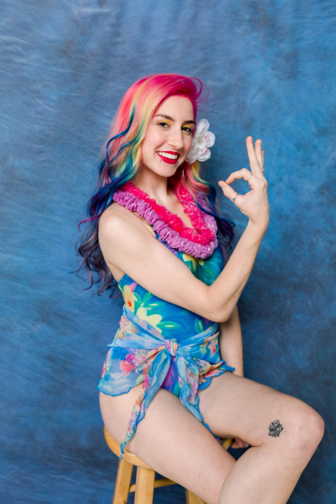 Saved By the Bell 90s inspired photoshoot with rainbow haired model portraying Lisa Turtle in Alpharetta GA by Jill Blue Photography and Glitter and Geeks Salon