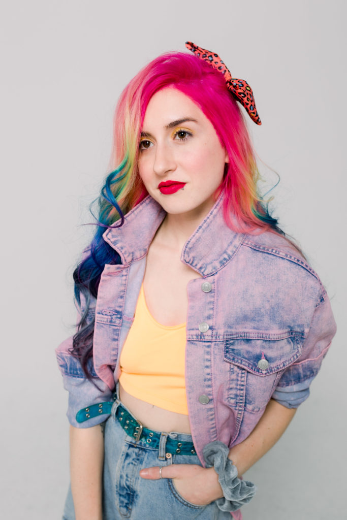 Saved By the Bell 90s inspired photoshoot with rainbow haired model portraying Jessie Spano in Alpharetta GA by Jill Blue Photography and Glitter and Geeks Salon