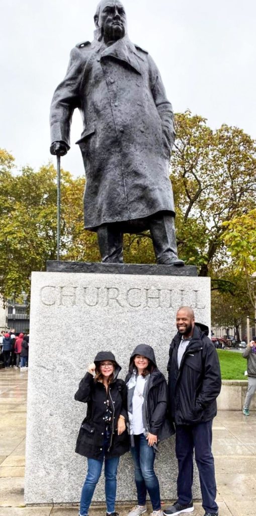 Standing in front of the Winston Churchill statue